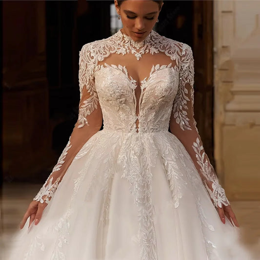 Elegant V-Neck Women Wedding Dresses Lace Long Sleeves Tulle customizedA-Line Bridal Gowns Engagement Banquet Vestidos De Novias