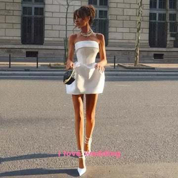 Homecoming Dress 2025 White Satin Wedding Party Dress Sleeveless Ball Gowns Mini Cocktail Dress Backless Sexy Elegant Customized