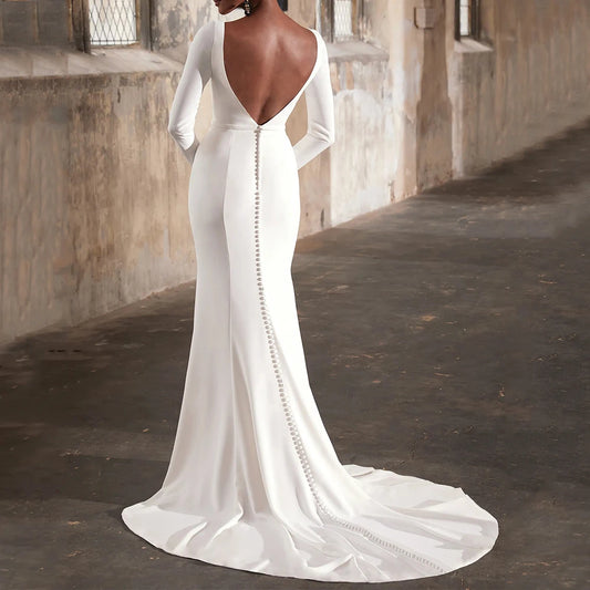 Simple Wedding Dress Crepe Floor-Length V-Neck Bridal Open Back with Belt and Buttons Mermaid Long Sleeve Customized Gowns