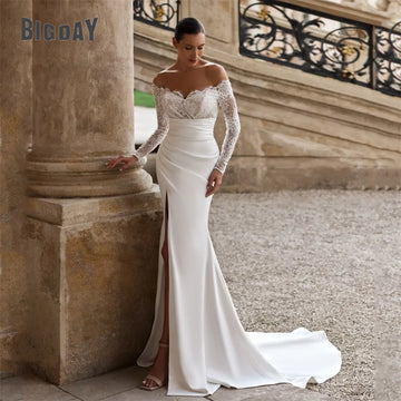 Elegant Lace Long Sleeve Mermaid Wedding Dress V-Neck Off The Shoulder Split Lace-up Bridal Gown Vestido De Noiva Customized