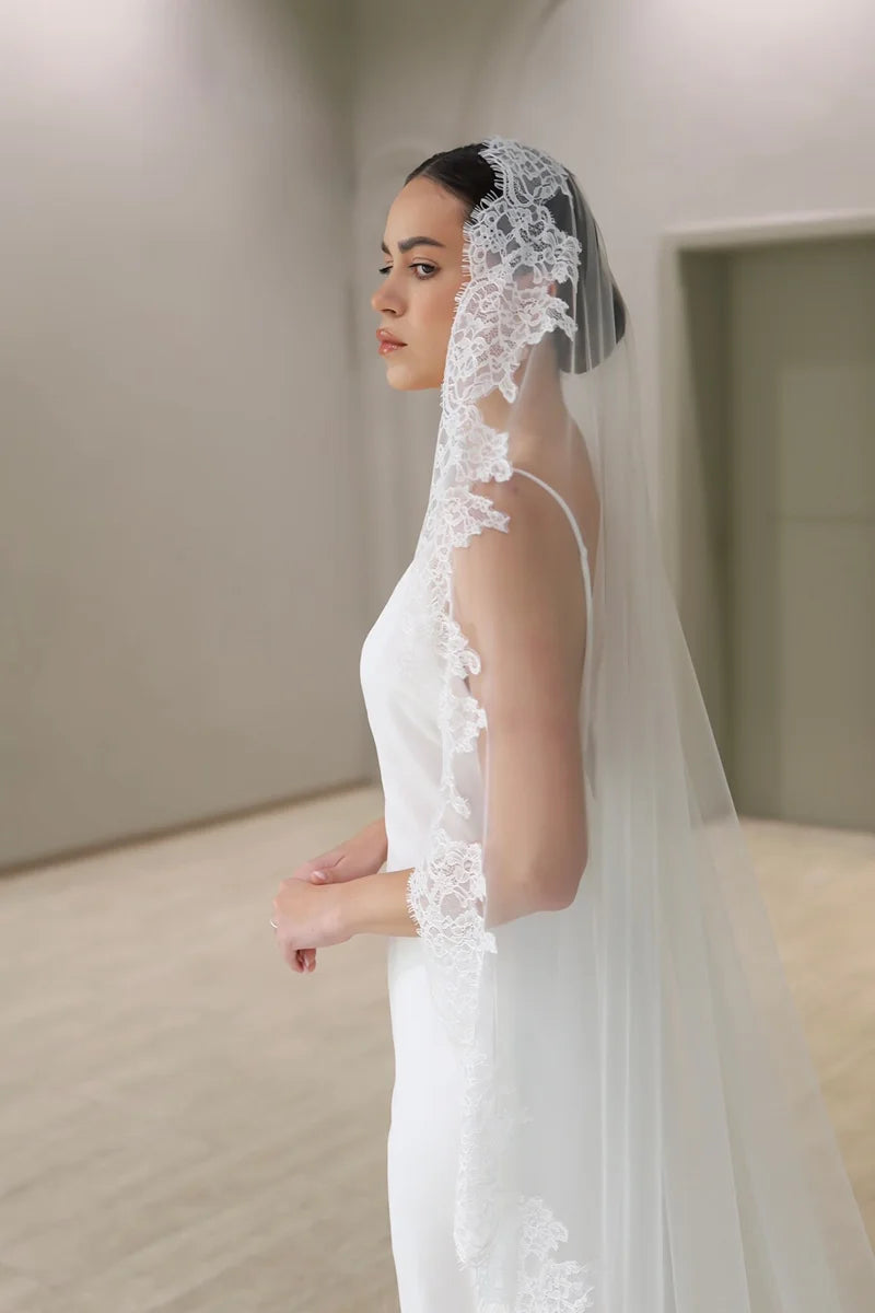 Mantilla Lace Veil ,One Tier Bridal Veil with Lace Trim, Cathedral Long Wedding Veil