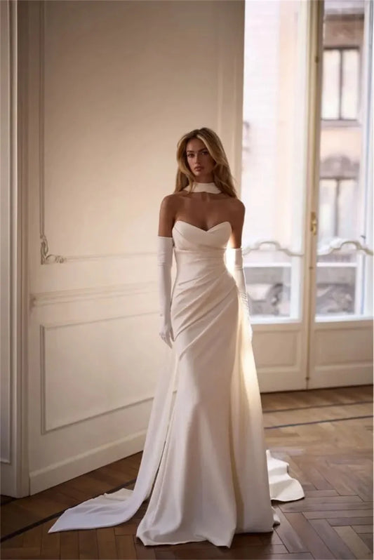 Custom Made Pleat Sweethart Satin Mermaid Wedding Dresses With Long Scalf Custom Made 2026 Rode De Morrie