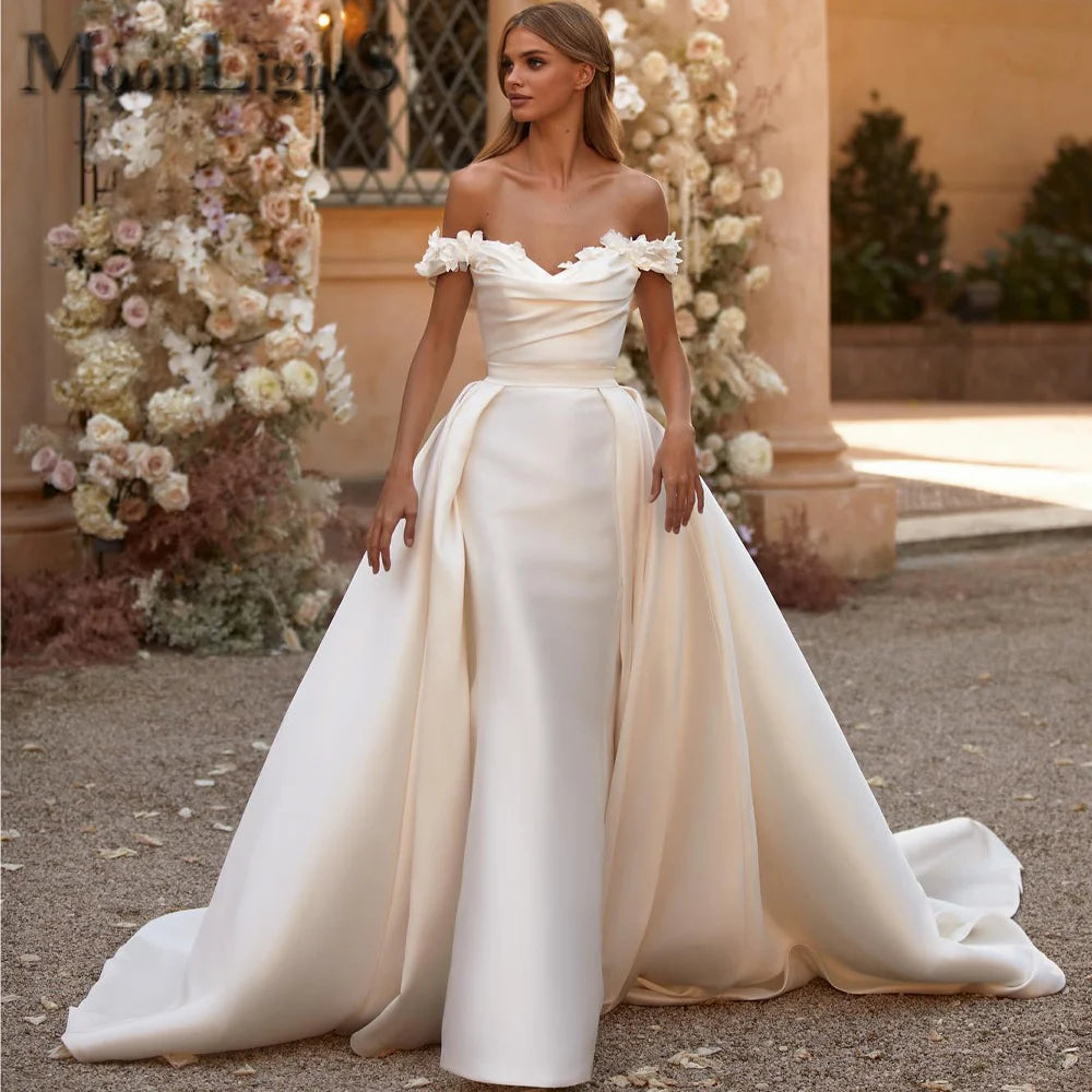 MoonlightShadow Trendy Watteau Train Women Long Dresses Party Satin Fabric 3D Blossoms Wedding Customized Cвадебное платье