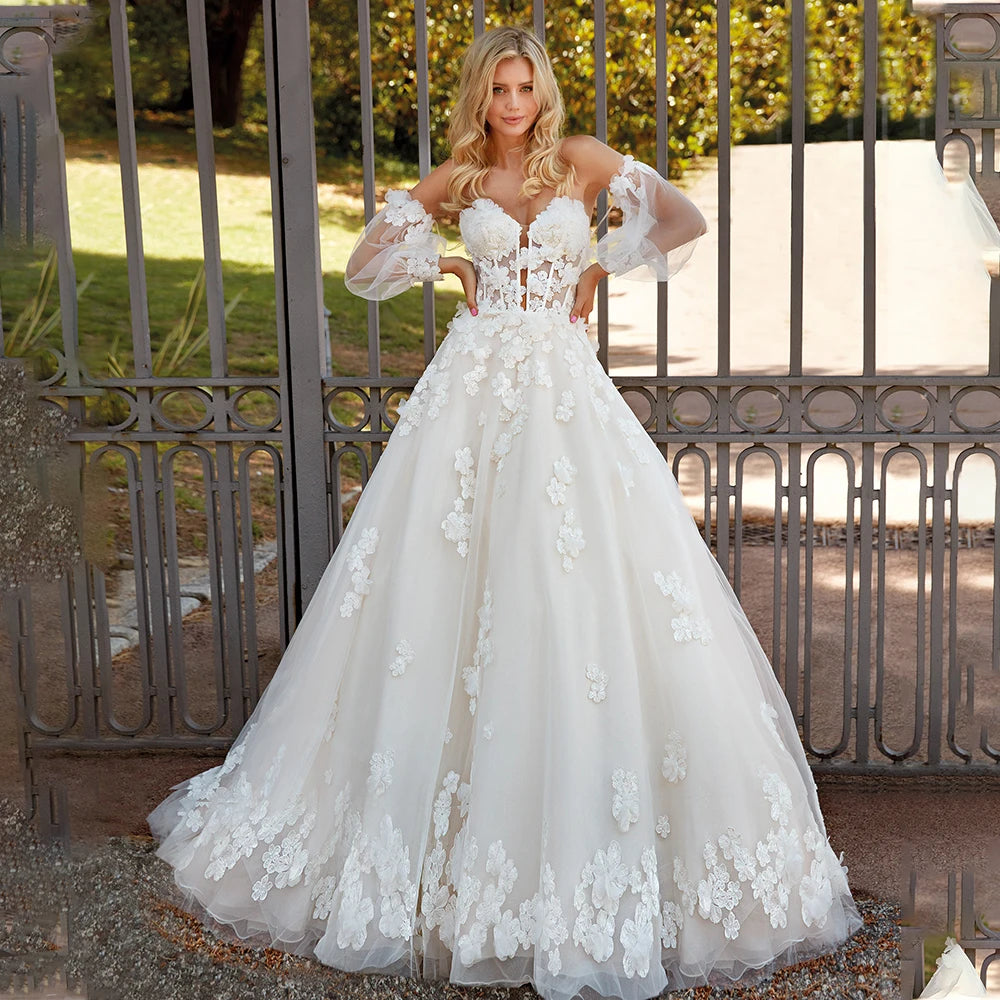 Detachable Long Sleeves Sweetheart Lace Applique  A-Line Tulle Gown Wedding Dresses Custom Made 2025 Vestido De Noival