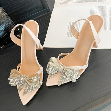 Aneikeh New Pointed Pumps Sexy Banquet Fashion Rhinestone Bow Sandals Party Wedding Banquet Prom Slingbacks Shoes 2026 Summer