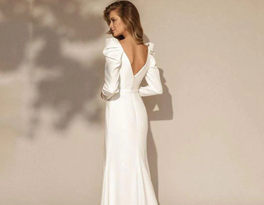 Long Sleeve Satin Midi Wedding Dress with Square Neckline – Elegant Minimalist Bridal Gown | Maison Bridal