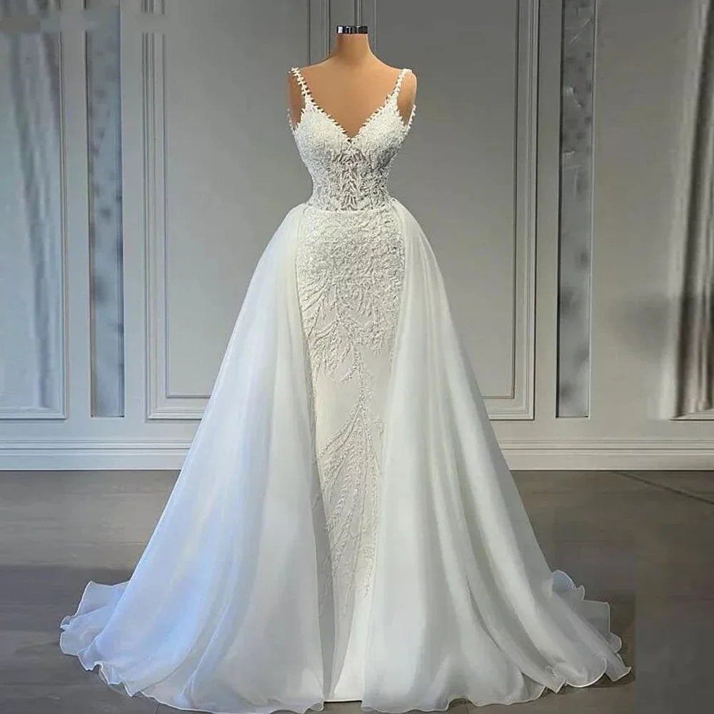 Flavinke Customized V Neck Mermaid Lace Wedding Dresses 2025 Sleeveless Illusion Beaded Satin Bridal Gowns with Detachable Train