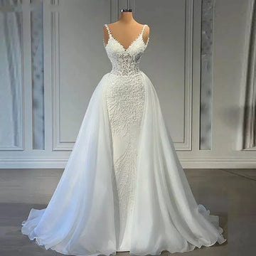 Flavinke Customized V Neck Mermaid Lace Wedding Dresses 2025 Sleeveless Illusion Beaded Satin Bridal Gowns with Detachable Train