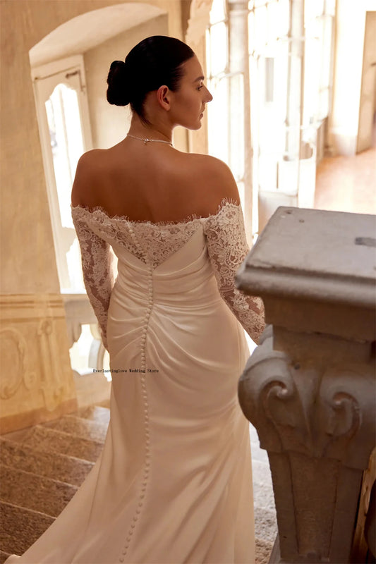 New Off The Shoulder Scoop Neckline Lace Applique Full Sleeves  Sheath/Mermaid Wedding Dresses Side Slit  2025 Rode De Morrie