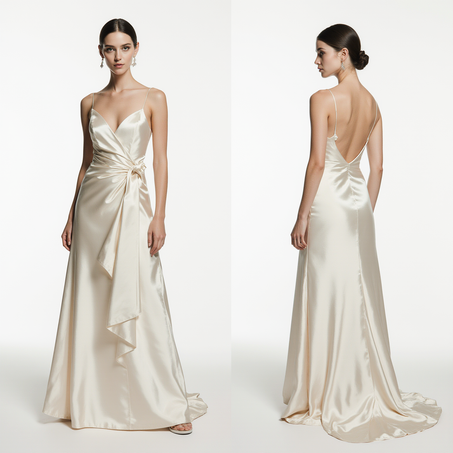 Silky Satin A-Line Wedding Dress with Spaghetti Straps, Side Bow & Open Back – Elegant Minimalist Ivory Bridal Gown | Maison Bridal