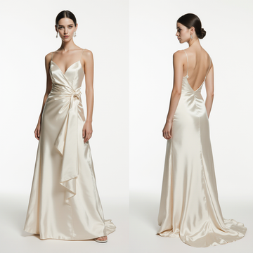 Silky Satin A-Line Wedding Dress with Spaghetti Straps, Side Bow & Open Back – Elegant Minimalist Ivory Bridal Gown | Maison Bridal