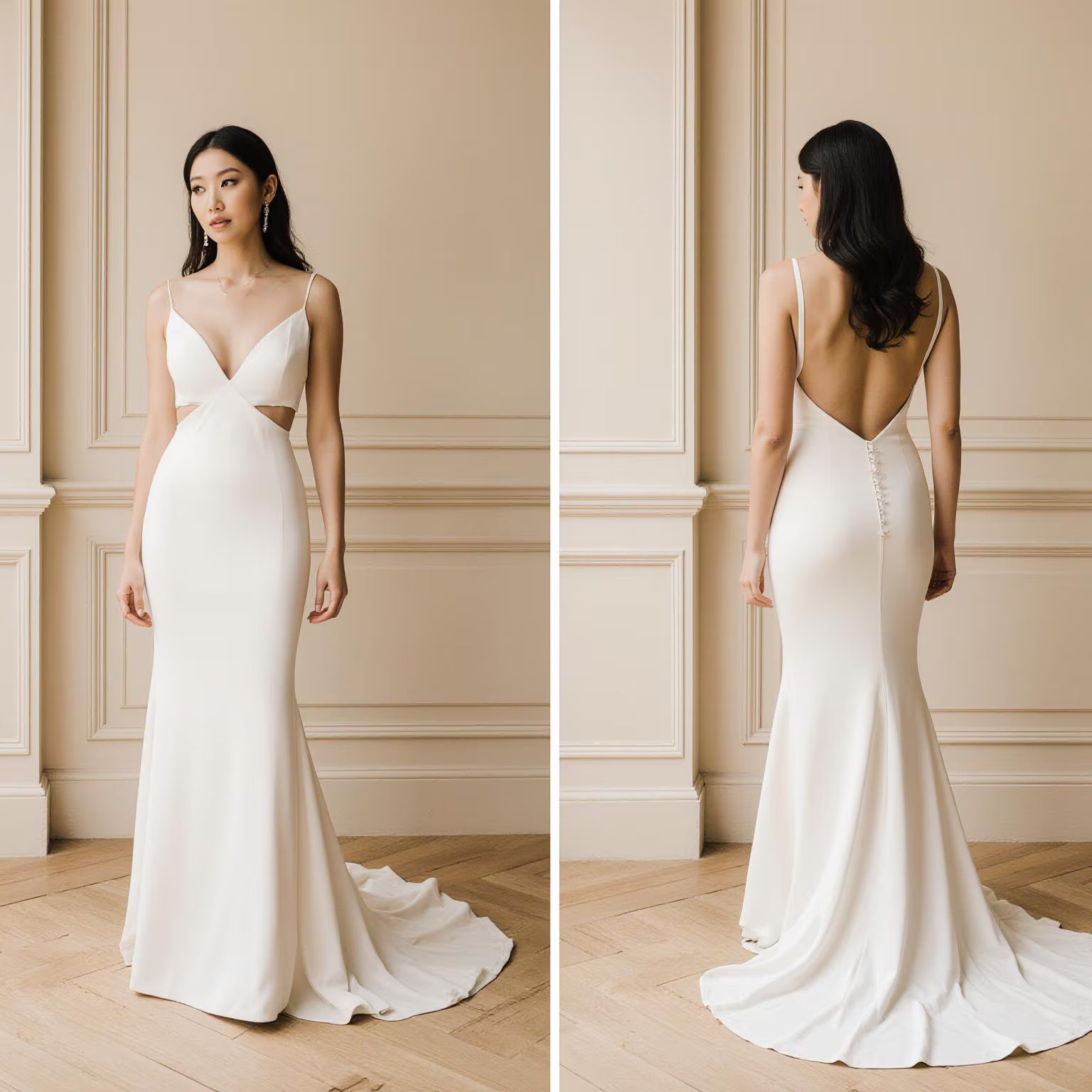 Square Neck Satin Wedding Dress – Elegant A-Line Bridal Gown with Pleated Corset & Chapel Train | Maison Bridal