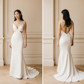 Square Neck Satin Wedding Dress – Elegant A-Line Bridal Gown with Pleated Corset & Chapel Train | Maison Bridal