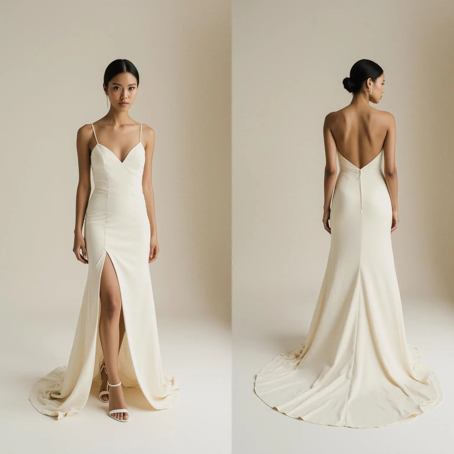 Ivory Satin Wedding Dress – Spaghetti Straps, V-Neck, Low Back, Front Slit, Sweep Train | Maison Bridal