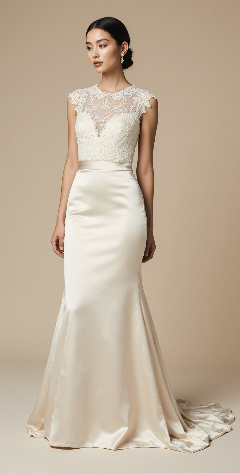 A-Line Satin Wedding Dress with Lace Bodice and Open Back – Elegant Ivory Bridal Gown for Modern Brides | Maison Bridal