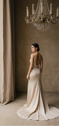 Champagne Satin A-Line Wedding Dress with Deep V Neckline and Open Back – Elegant Minimalist Bridal Gown | Maison Bridal
