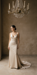 Champagne Satin A-Line Wedding Dress with Deep V Neckline and Open Back – Elegant Minimalist Bridal Gown | Maison Bridal