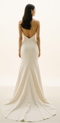 Modern Ivory Satin Wedding Dress – Deep Sweetheart Neckline, Front Slit & Backless Mermaid Silhouette with Chapel Train | Maison Bridal