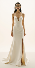 Modern Ivory Satin Wedding Dress – Deep Sweetheart Neckline, Front Slit & Backless Mermaid Silhouette with Chapel Train | Maison Bridal