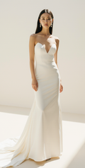 Minimalist ivory satin mermaid wedding dress with sweetheart neckline and chapel train – front view, Maison Bridal.