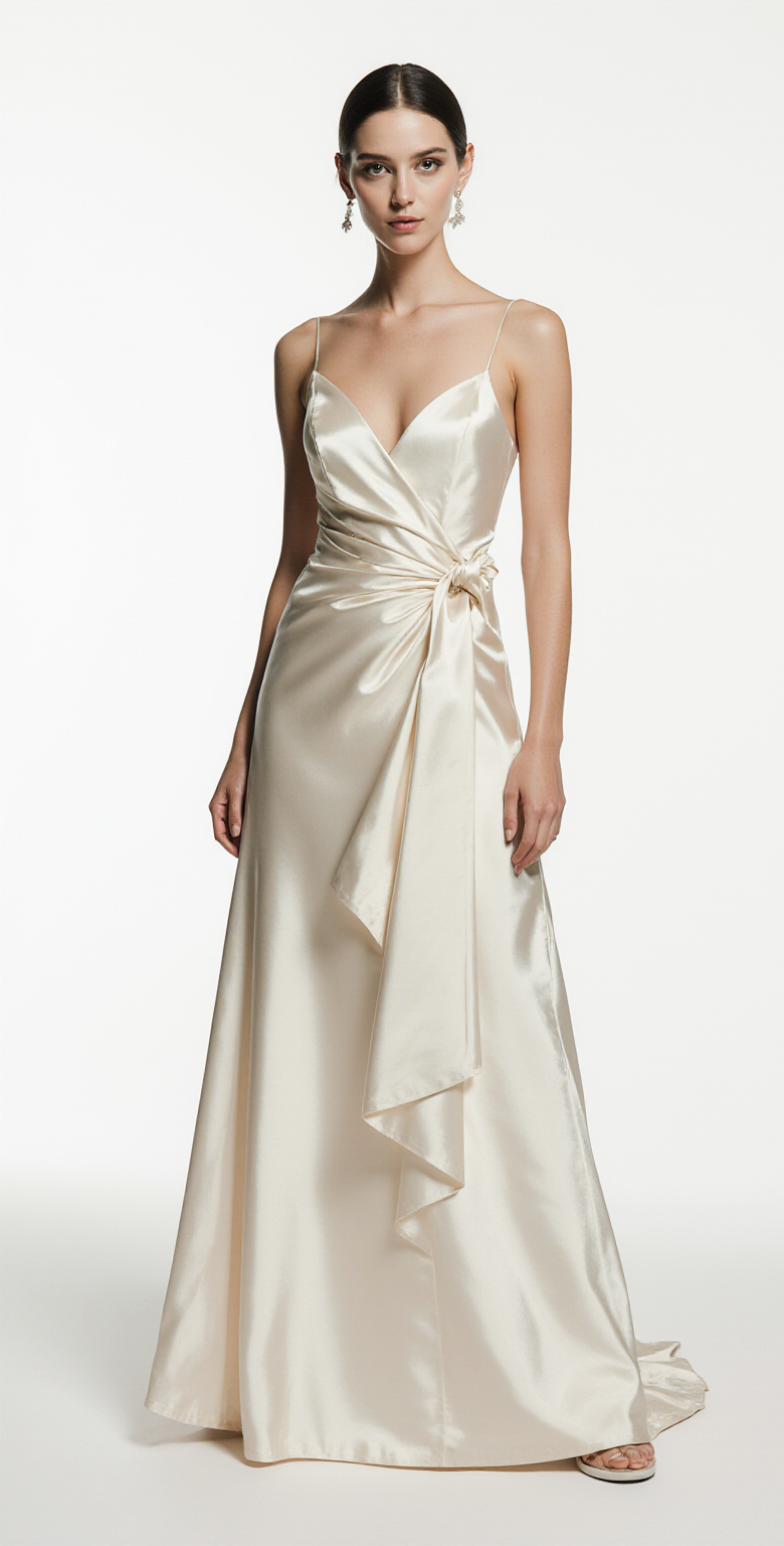 Silky Satin A-Line Wedding Dress with Spaghetti Straps, Side Bow & Open Back – Elegant Minimalist Ivory Bridal Gown | Maison Bridal