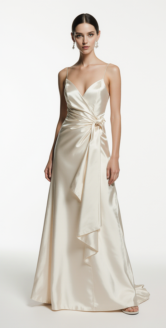 Silky Satin A-Line Wedding Dress with Spaghetti Straps, Side Bow & Open Back – Elegant Minimalist Ivory Bridal Gown | Maison Bridal