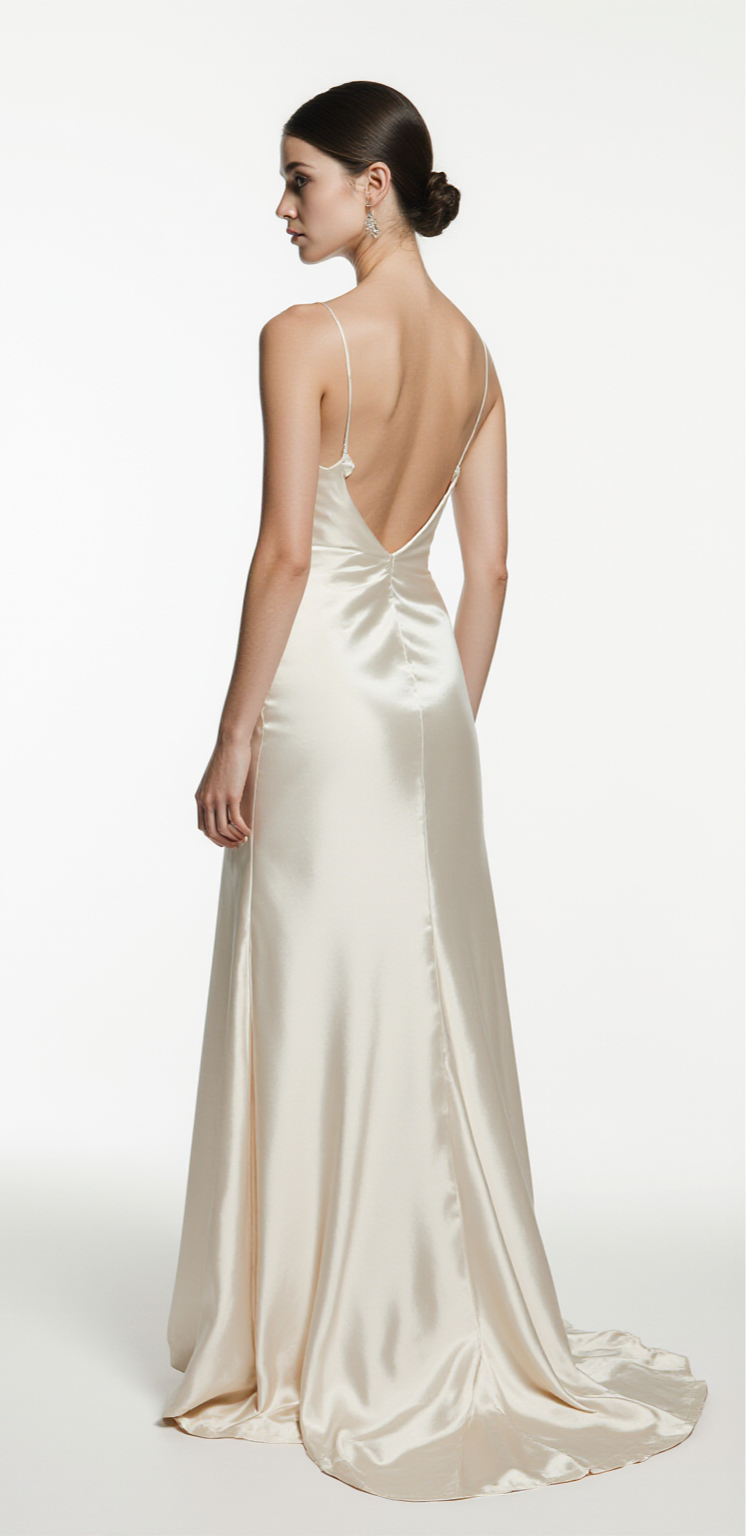 Silky Satin A-Line Wedding Dress with Spaghetti Straps, Side Bow & Open Back – Elegant Minimalist Ivory Bridal Gown | Maison Bridal
