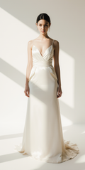 Ivory Satin A-Line Wedding Dress with Deep V Neckline & Open Back – Minimalist Silky Bridal Gown for Modern Brides | Maison Bridal