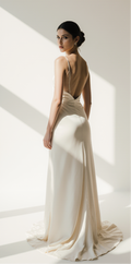 Ivory Satin A-Line Wedding Dress with Deep V Neckline & Open Back – Minimalist Silky Bridal Gown for Modern Brides | Maison Bridal