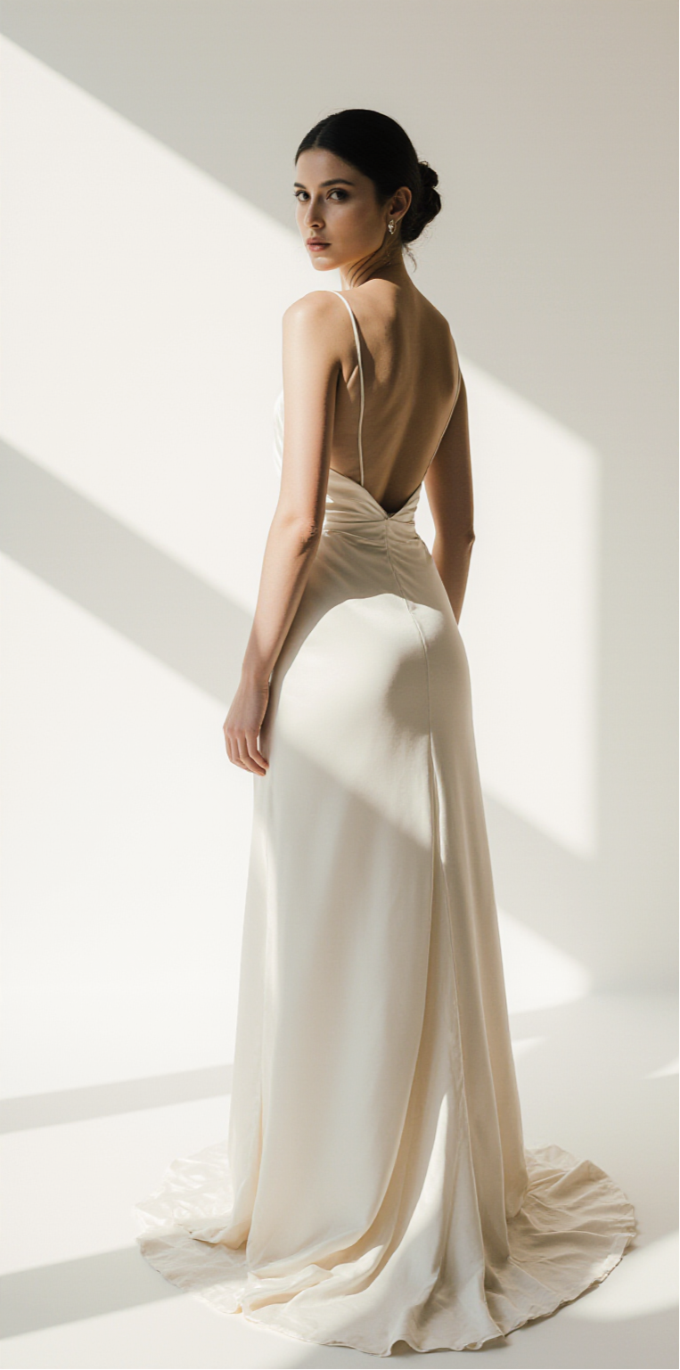 Ivory Satin A-Line Wedding Dress with Deep V Neckline & Open Back – Minimalist Silky Bridal Gown for Modern Brides | Maison Bridal