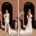 Ivory One-Shoulder Satin Wedding Dress – Asymmetrical Design, Front Slit & Flowing Train | Maison Bridal