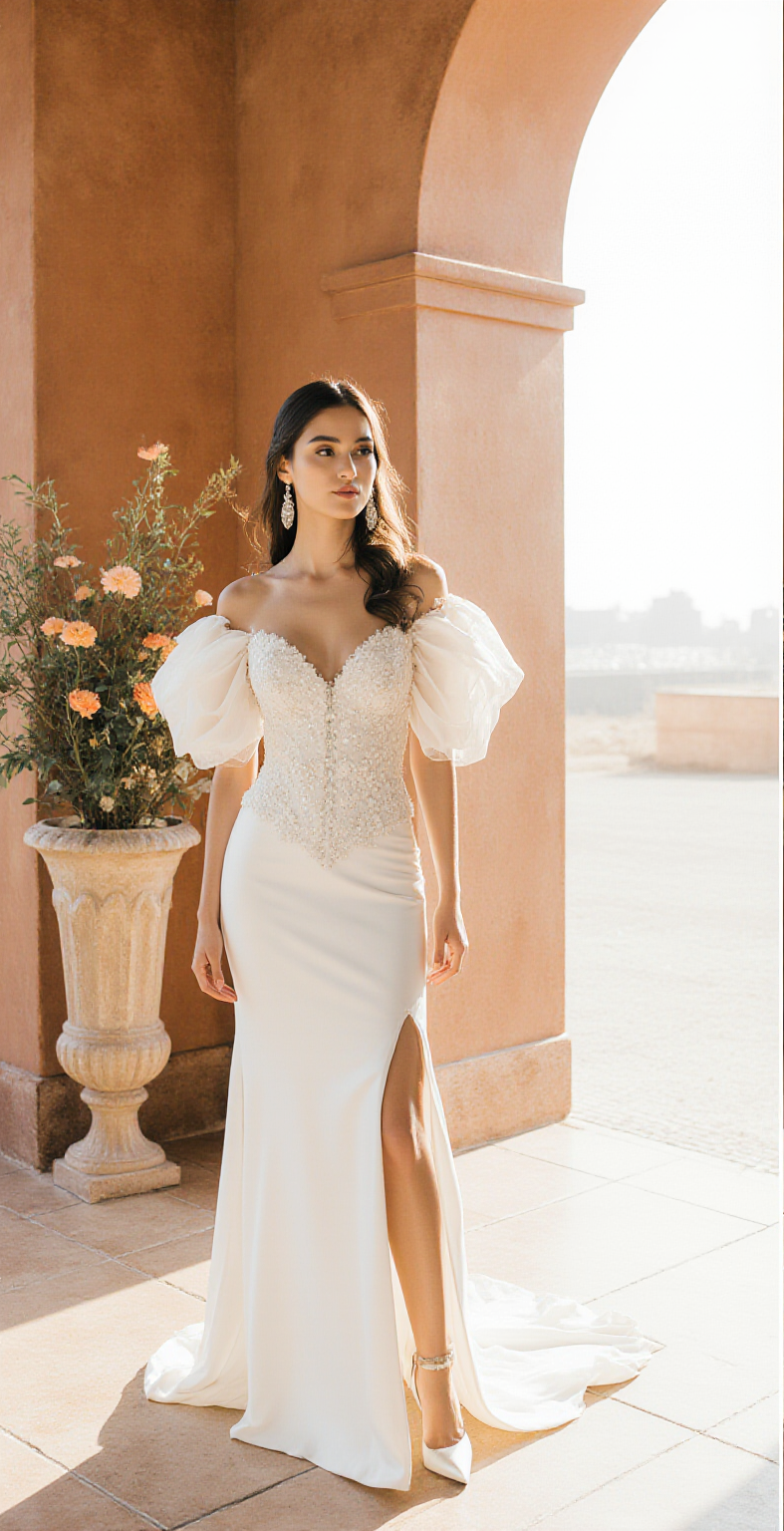 Ivory Off-Shoulder Wedding Dress – Puffy Sleeves, Beaded Lace Bodice & Front Slit | Maison Bridal
