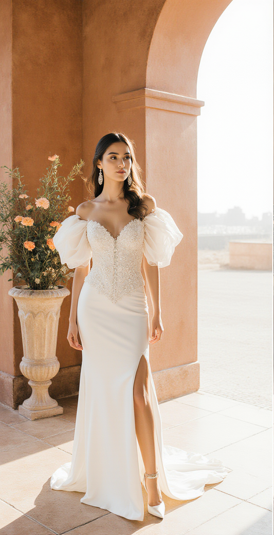 Ivory Off-Shoulder Wedding Dress – Puffy Sleeves, Beaded Lace Bodice & Front Slit | Maison Bridal
