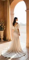 Ivory Off-Shoulder Wedding Dress – Puffy Sleeves, Beaded Lace Bodice & Front Slit | Maison Bridal