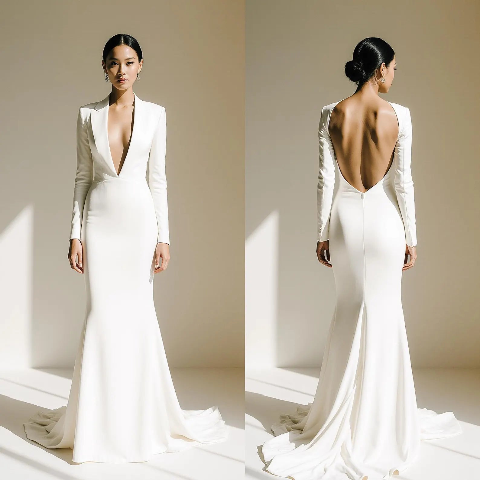 Elegant Long Sleeve Backless Wedding Dress – Minimalist Plunging V-Neck Gown with Train | Maison Bridal
