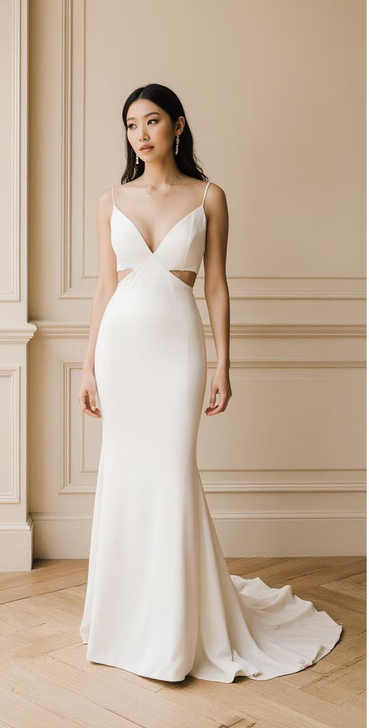 Square Neck Satin Wedding Dress – Elegant A-Line Bridal Gown with Pleated Corset & Chapel Train | Maison Bridal