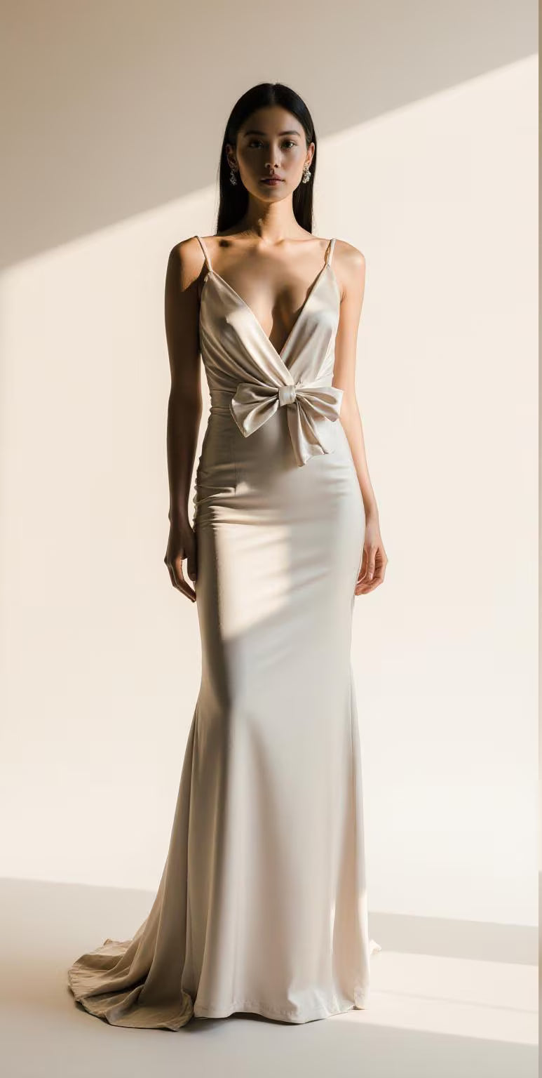 Satin Corset Wedding Dress – Elegant Off-Shoulder Mermaid Bridal Gown with Pleated Bodice & Train | Maison Bridal