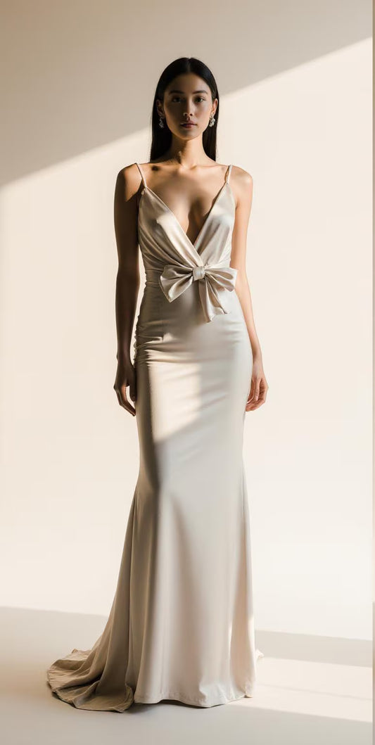 Satin Corset Wedding Dress – Elegant Off-Shoulder Mermaid Bridal Gown with Pleated Bodice & Train | Maison Bridal