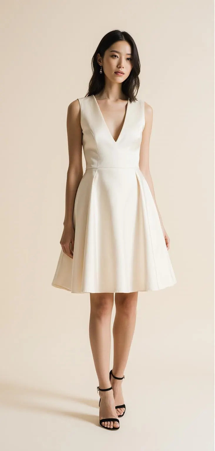 Short Satin Wedding Dress – Elegant V-Neck Backless Bridal Mini Gown for Civil Ceremony | Maison Bridal