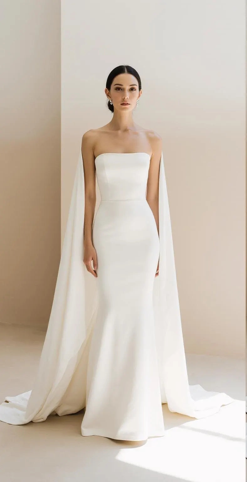 Elegant Strapless Mermaid Wedding Dress with Long Train and Flowing Cape – Maison Bridal