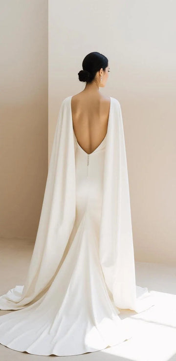 Elegant Strapless Mermaid Wedding Dress with Long Train and Flowing Cape – Maison Bridal