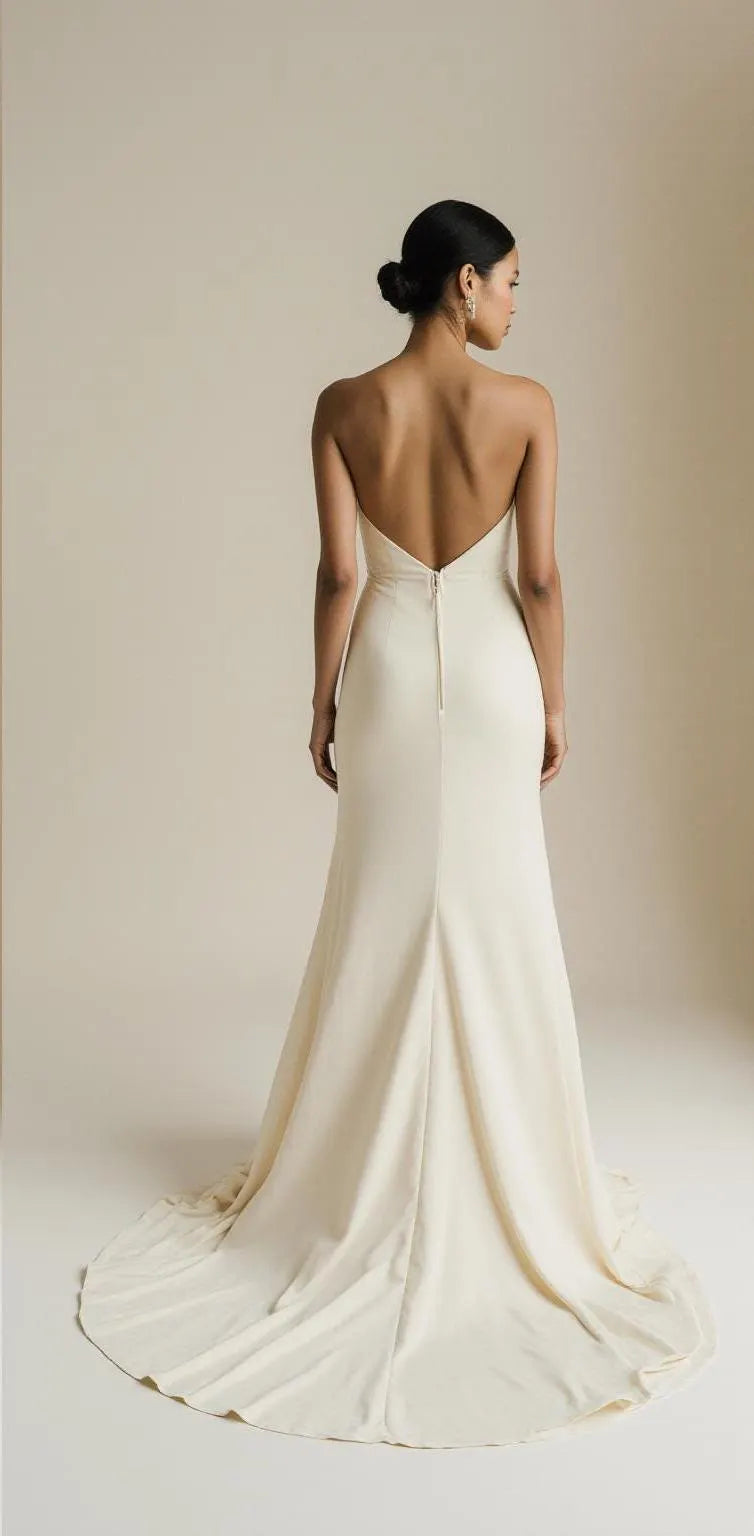 Women’s Ivory Satin Wedding Dress – Spaghetti Straps, V-Neck, Open Low Back, Front Slit, Sweep Train – Maison Bridal