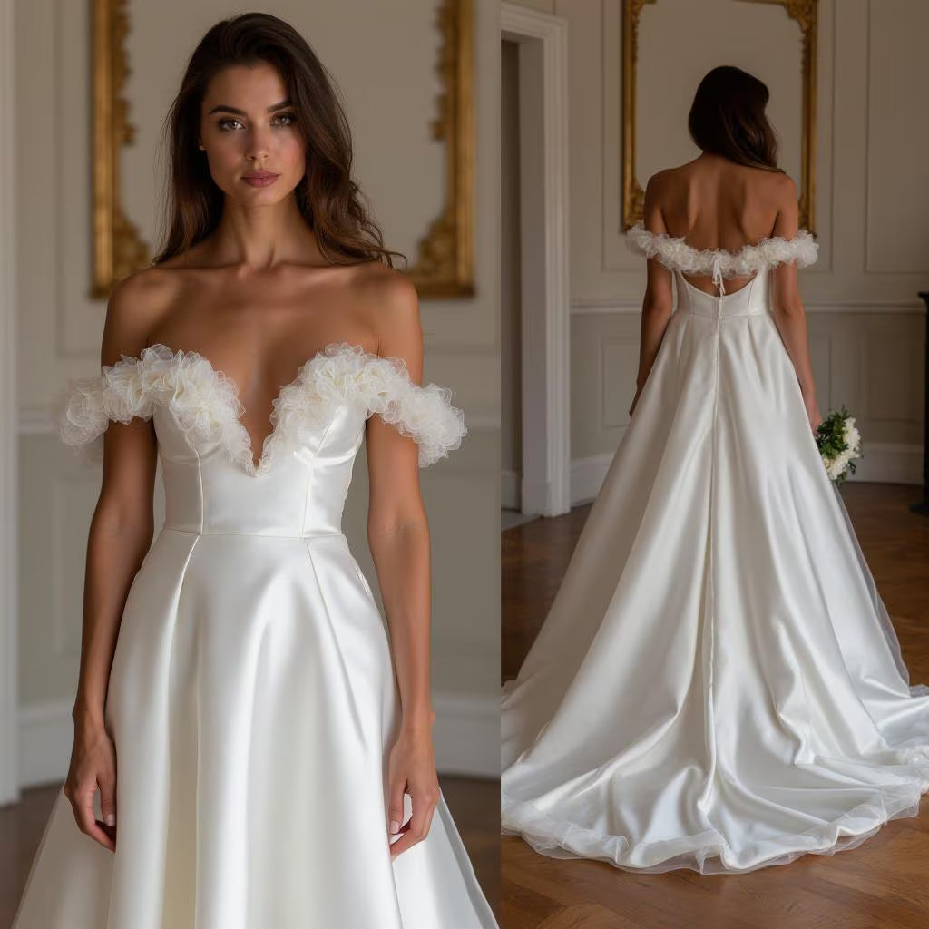 Off-Shoulder Satin Wedding Dress – Elegant A-Line Bridal Gown with Pleated Corset & Train | Maison Bridal