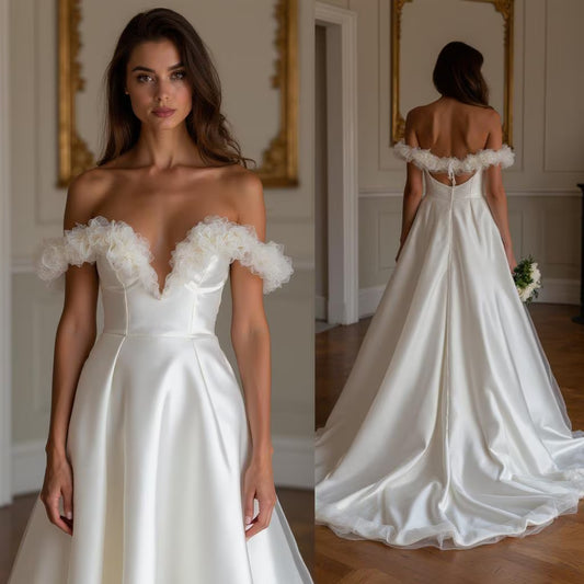 Off-Shoulder Satin Wedding Dress – Elegant A-Line Bridal Gown with Pleated Corset & Train | Maison Bridal
