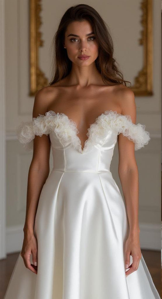 Off-Shoulder Satin Wedding Dress – Elegant A-Line Bridal Gown with Pleated Corset & Train | Maison Bridal