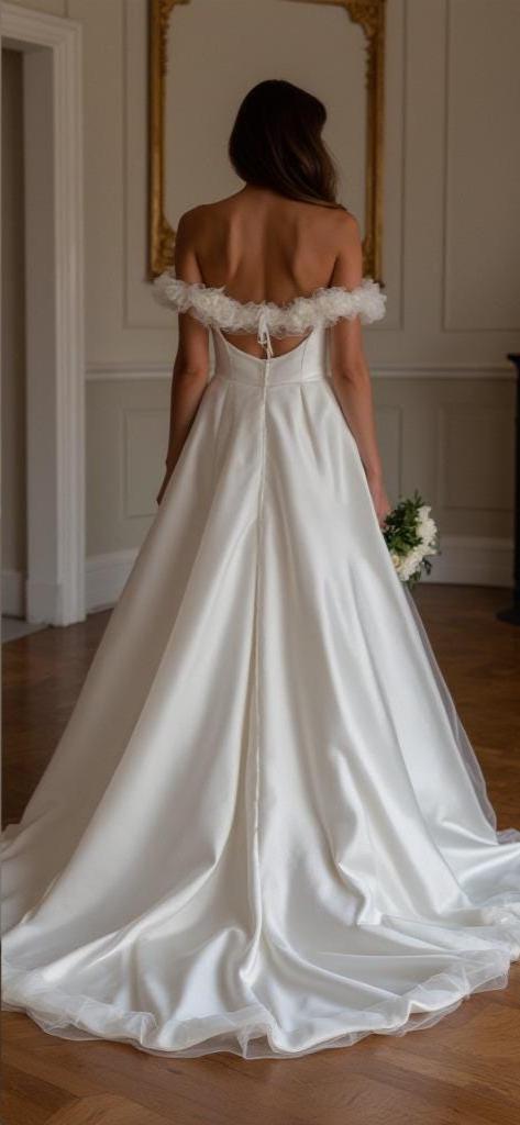 Off-Shoulder Satin Wedding Dress – Elegant A-Line Bridal Gown with Pleated Corset & Train | Maison Bridal