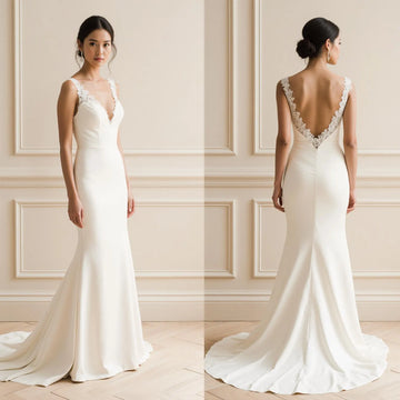 Ivory Crepe Wedding Dress – V-Neck, Open Back with Lace Trim & Sweep Train | Maison Bridal