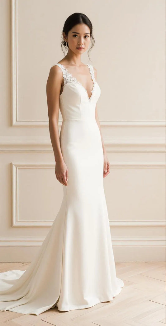 Ivory Crepe Wedding Dress – V-Neck, Open Back with Lace Trim & Sweep Train | Maison Bridal