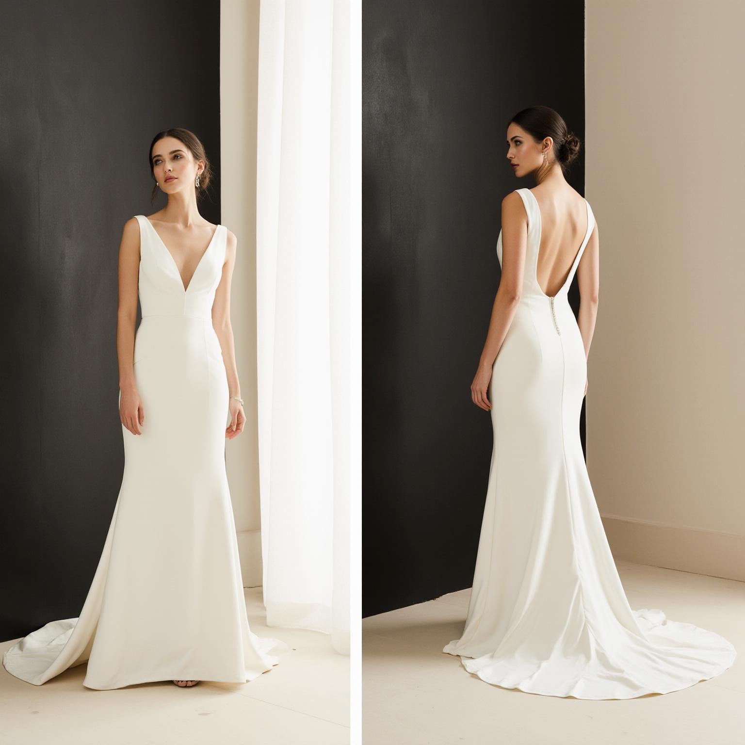 Minimalist Deep V Back Wedding Dress – Elegant Crepe Mermaid Gown for Modern Brides | Maison Bridal
