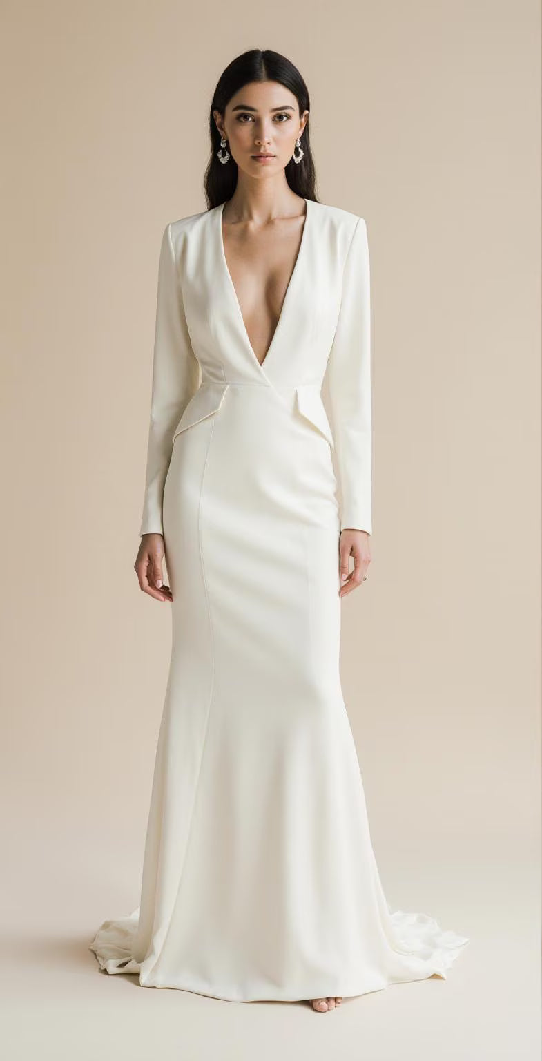 Long Sleeve Satin Wedding Dress – Elegant High Slit Bridal Gown with Draped Bodice & Train | Maison Bridal